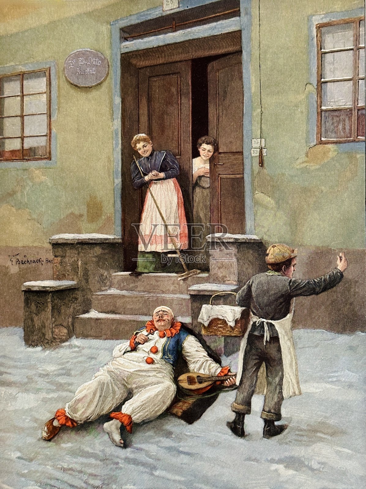 圣灰星期三：小丑在房子前的雪地里抱着曼陀林睡觉，两个女人站在门口，面包师的狗给他带来食物插画图片素材