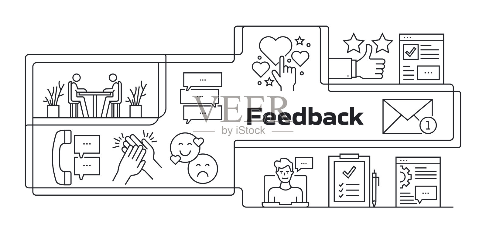 反馈现代线横幅与图标。奖状，调查，评论，意见，反馈，满意度插画图片素材