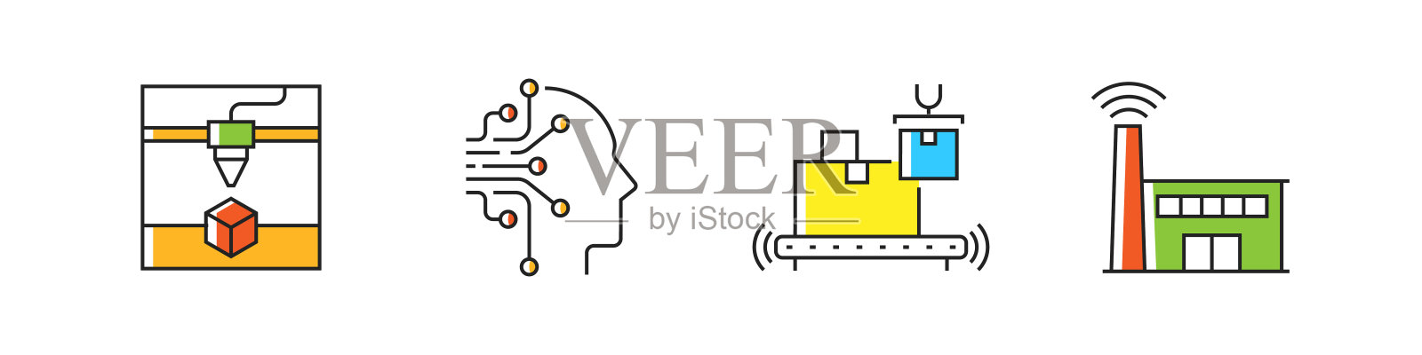 工业4.0相关矢量线性图标，轮廓符号集合插画图片素材