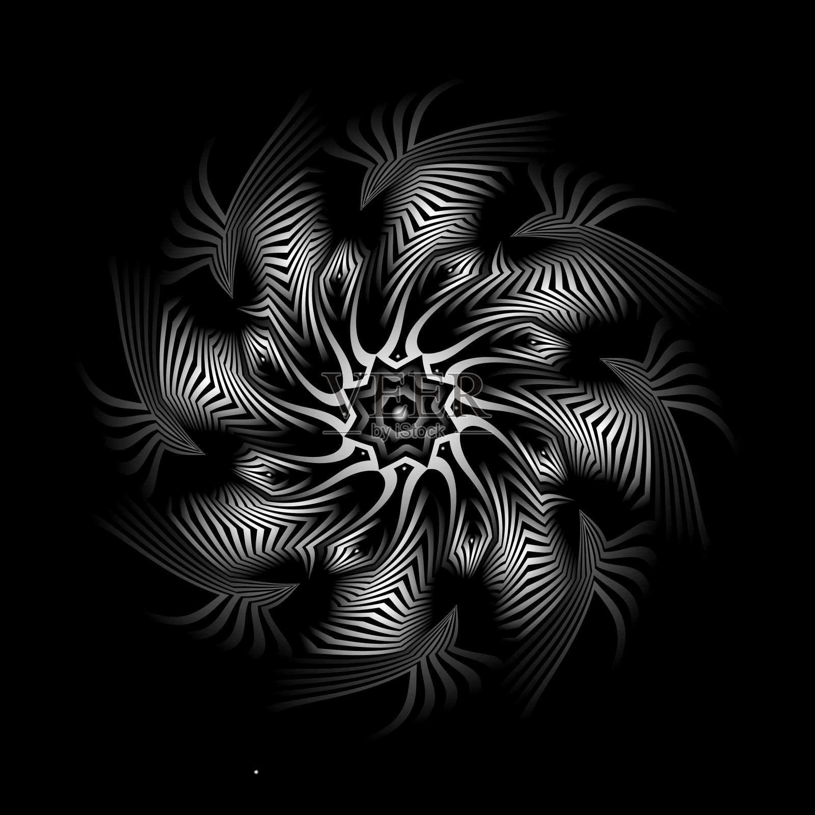 光学艺术螺旋单色曼荼罗。八角梯度条纹图案。部落神圣的八角星。插画图片素材