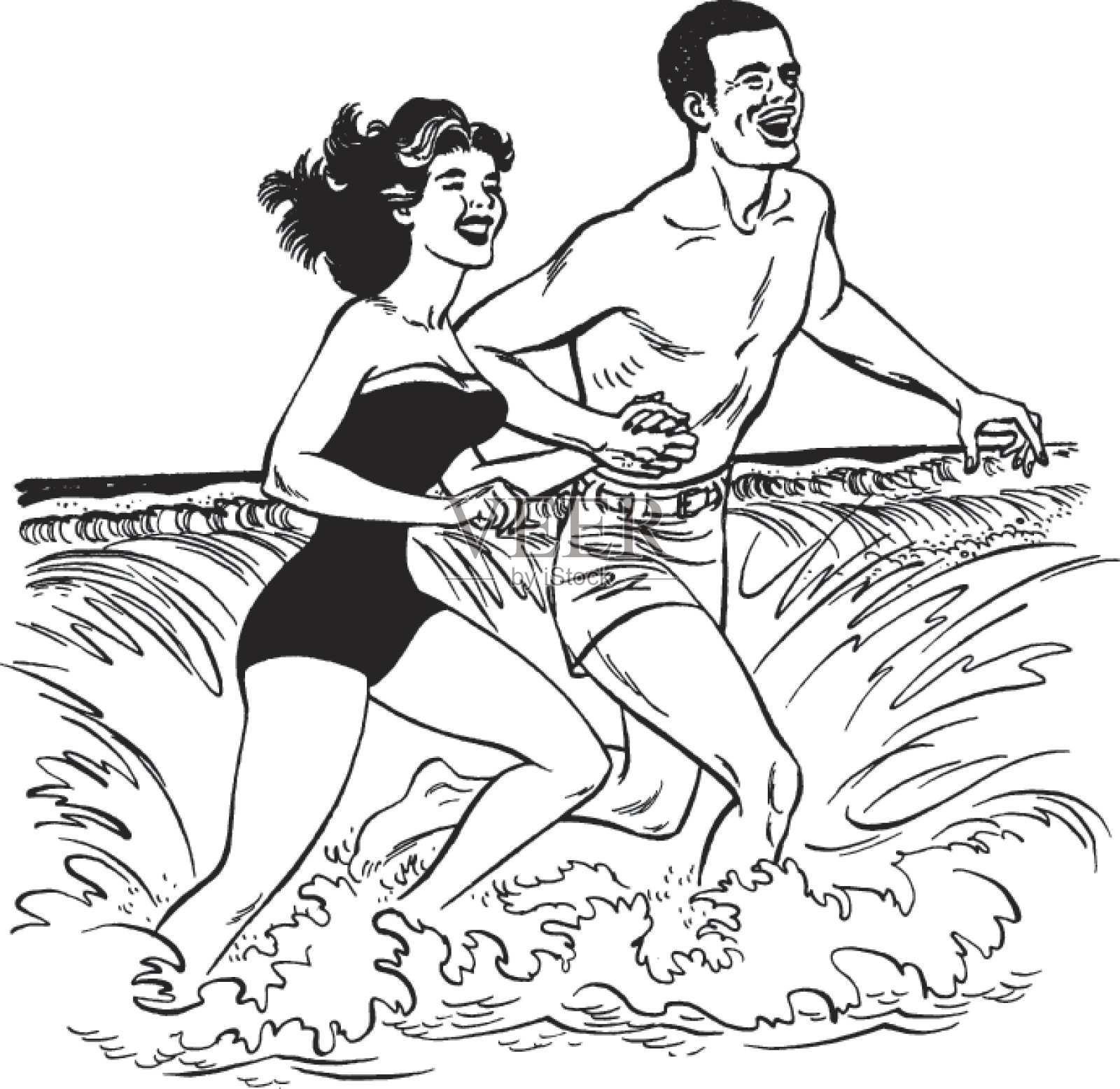 一对夫妇在夏天在海里跑步的插图插画图片素材