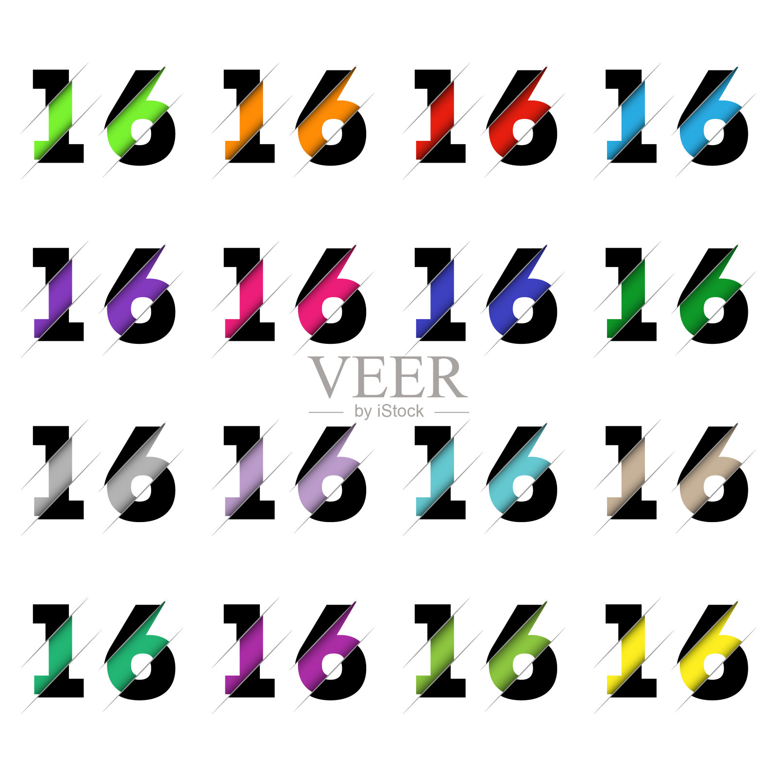 剪纸号码16 16。逼真的3D多层剪纸效果孤立在白色背景上。字母字体图。为生日或婚礼设计的装饰元素插画图片素材