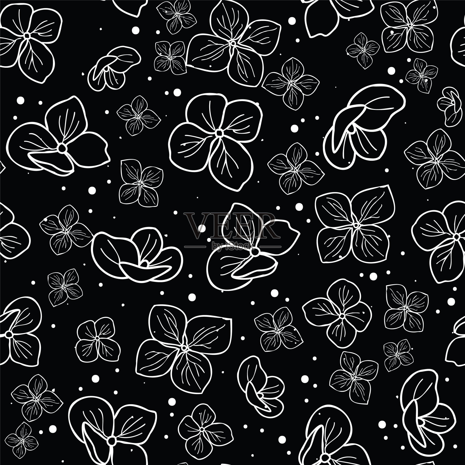 无缝模式手绘轮廓绣球花与点设计插画图片素材