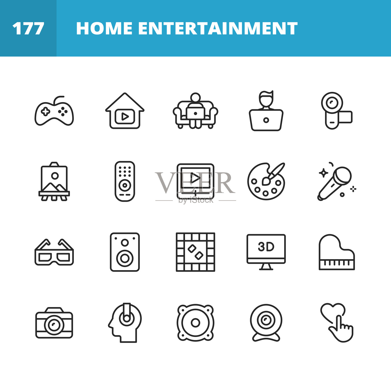 家庭娱乐线路图标。可编辑的中风。像素完美。移动和网络。包含如视频游戏，流媒体，相机，绘画，艺术，远程控制，唱歌，卡拉ok，音乐，棋盘游戏，钢琴，相机，耳机，约会，社交媒体。图标素材