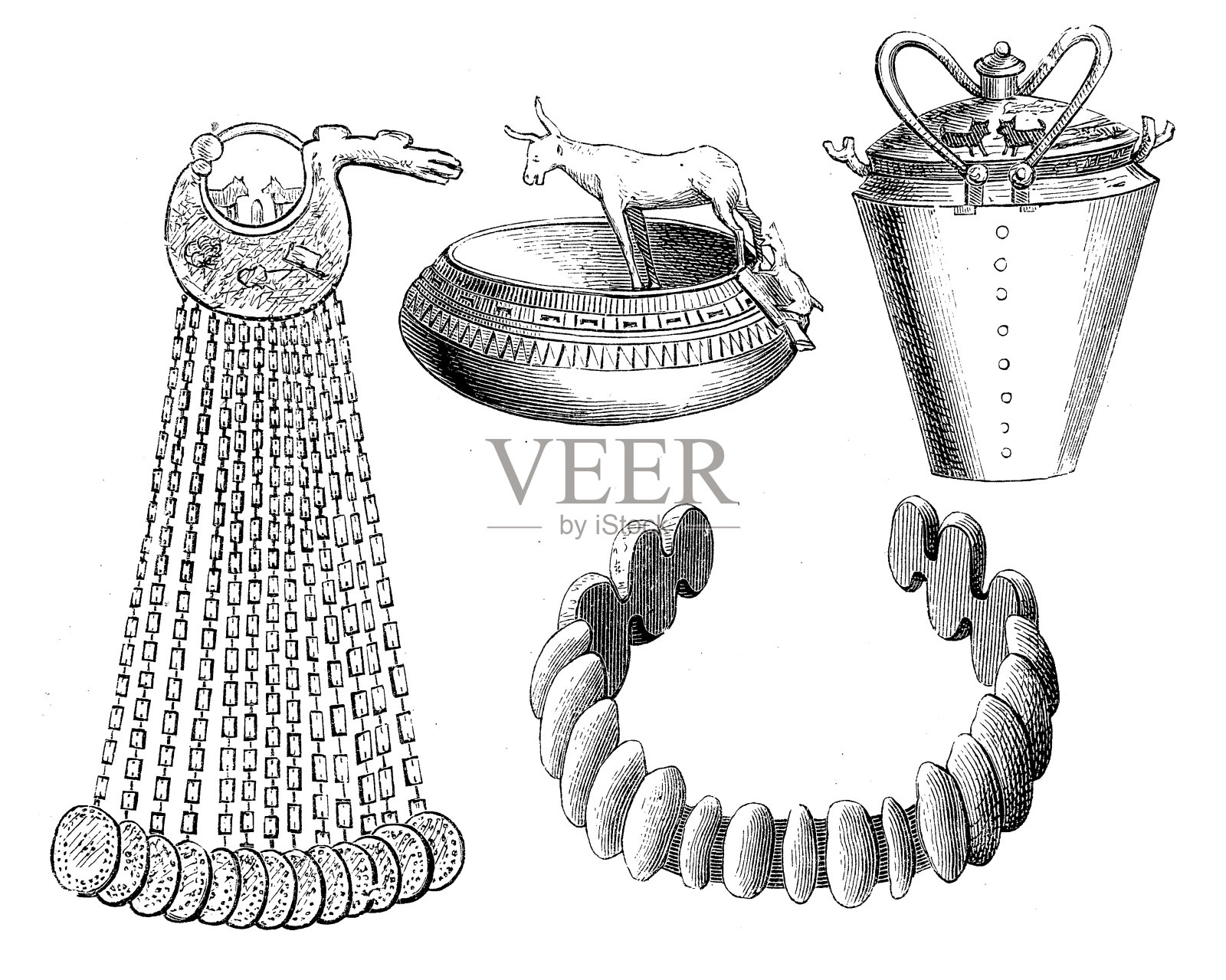 古墓和哈尔斯塔特出土的青铜器和青铜首饰，464-466插画图片素材