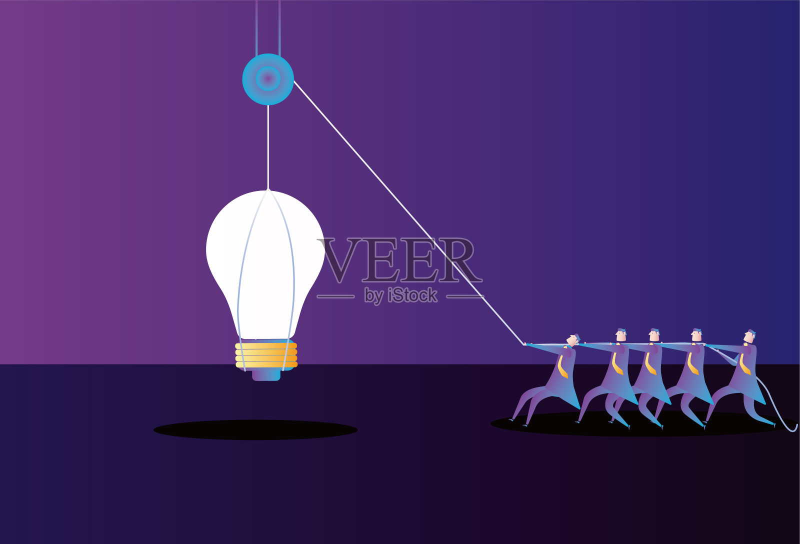 商人们用滑轮把灯泡吊起来。插画图片素材