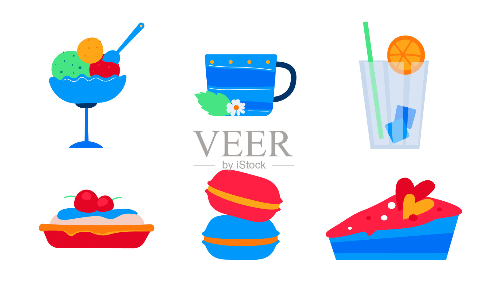 饮料和甜点-平面设计风格图标设置插画图片素材