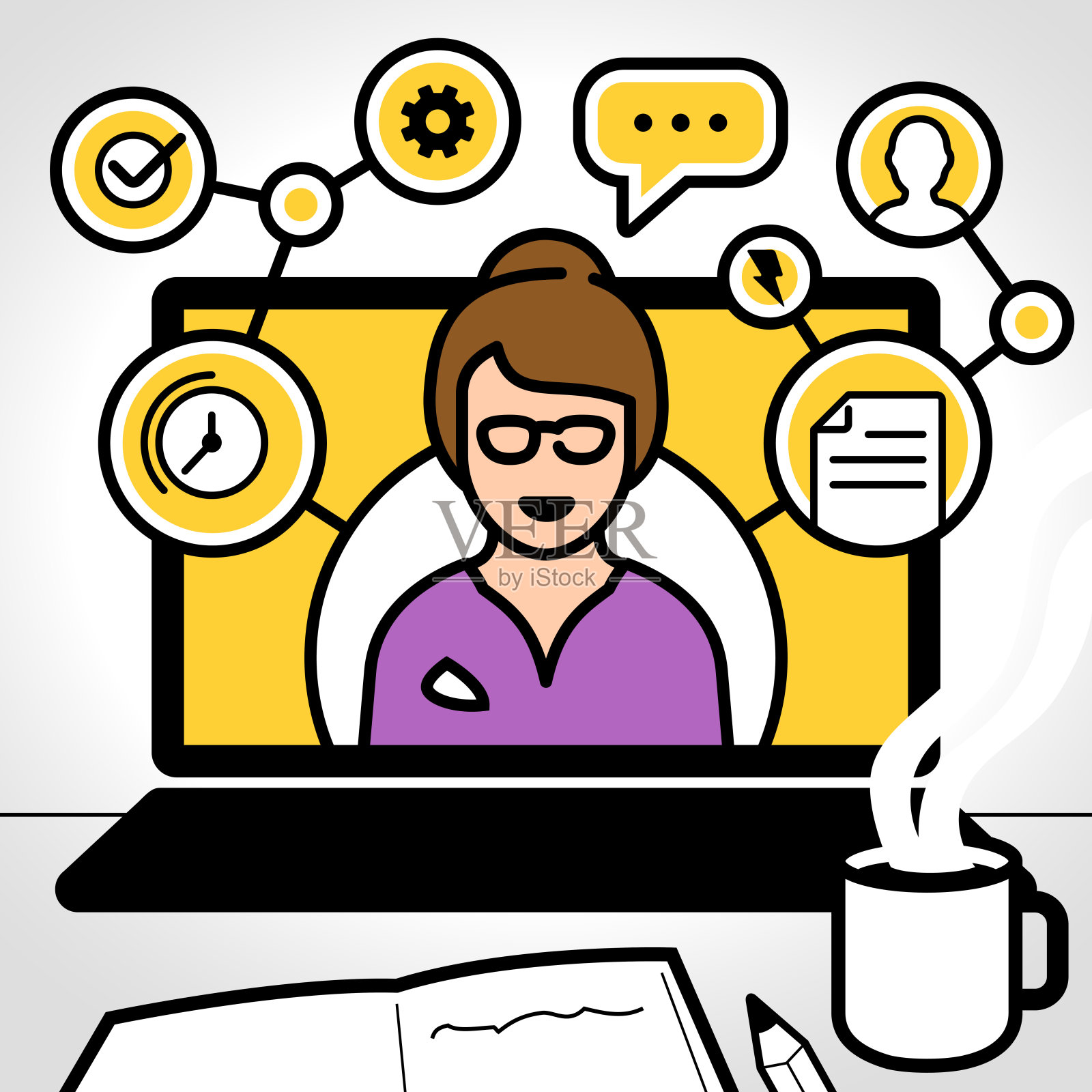 年轻女子团队与同事在笔记本电脑插画图片素材