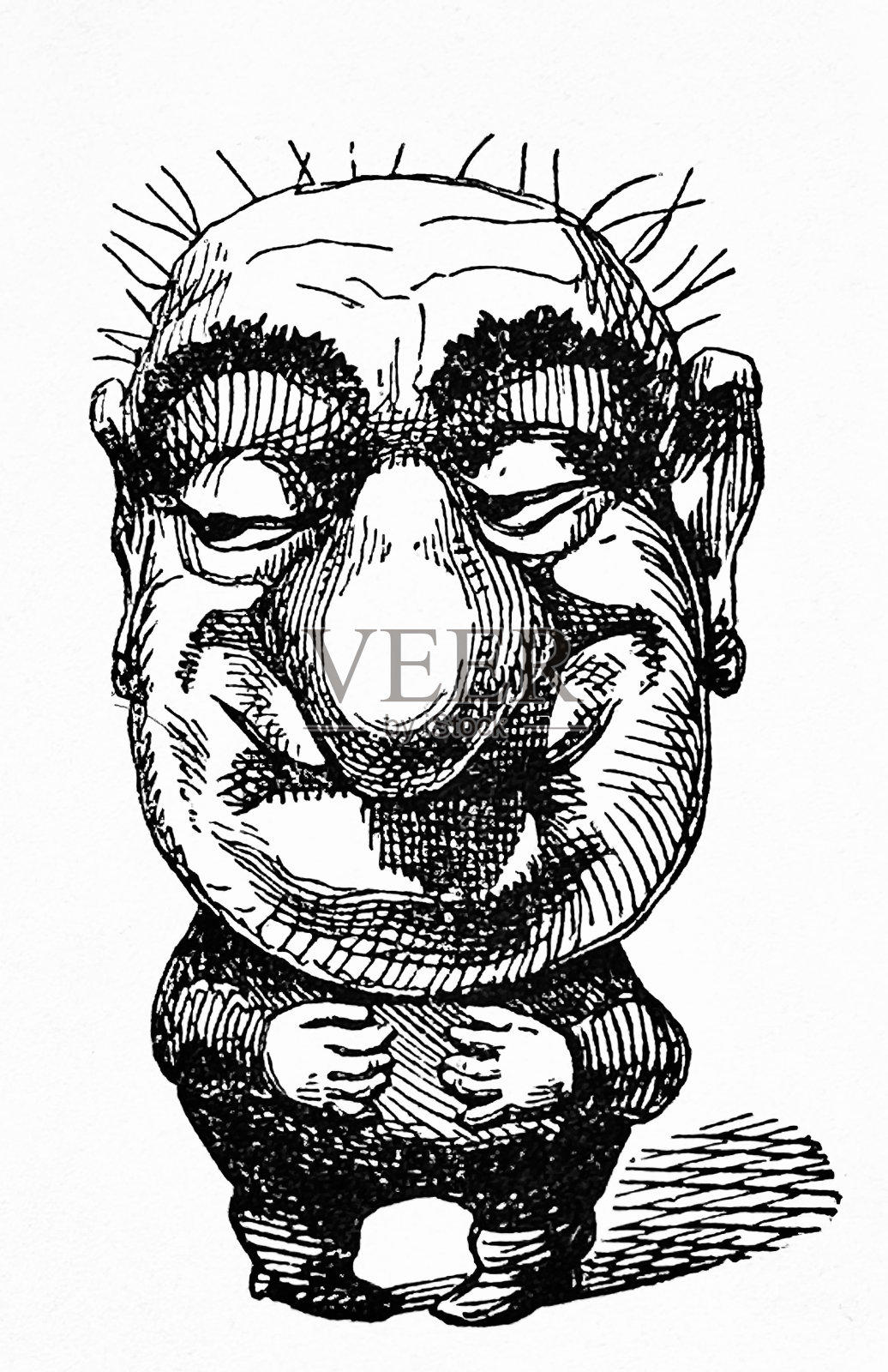 一个头少头发的困惑的微笑着的男人抱着他的肚子咧嘴笑着插画图片素材