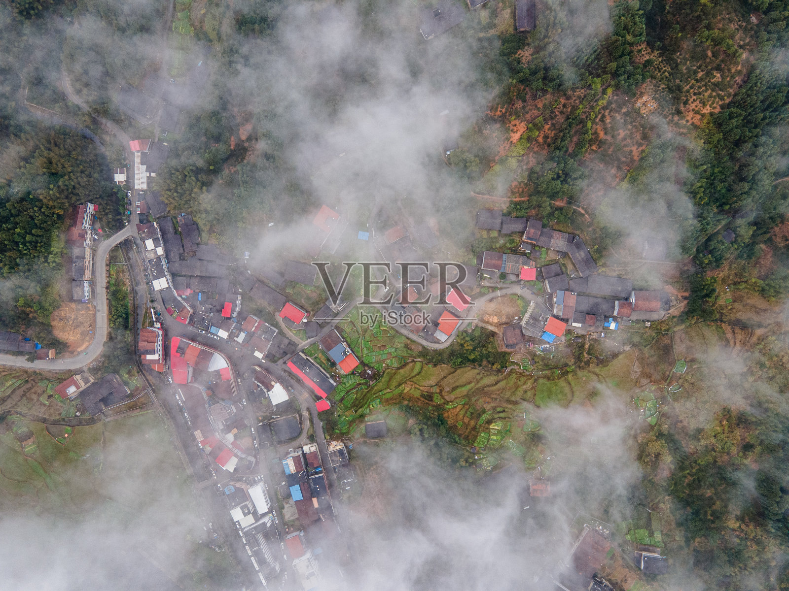 雨后，村舍被云雾包围照片摄影图片