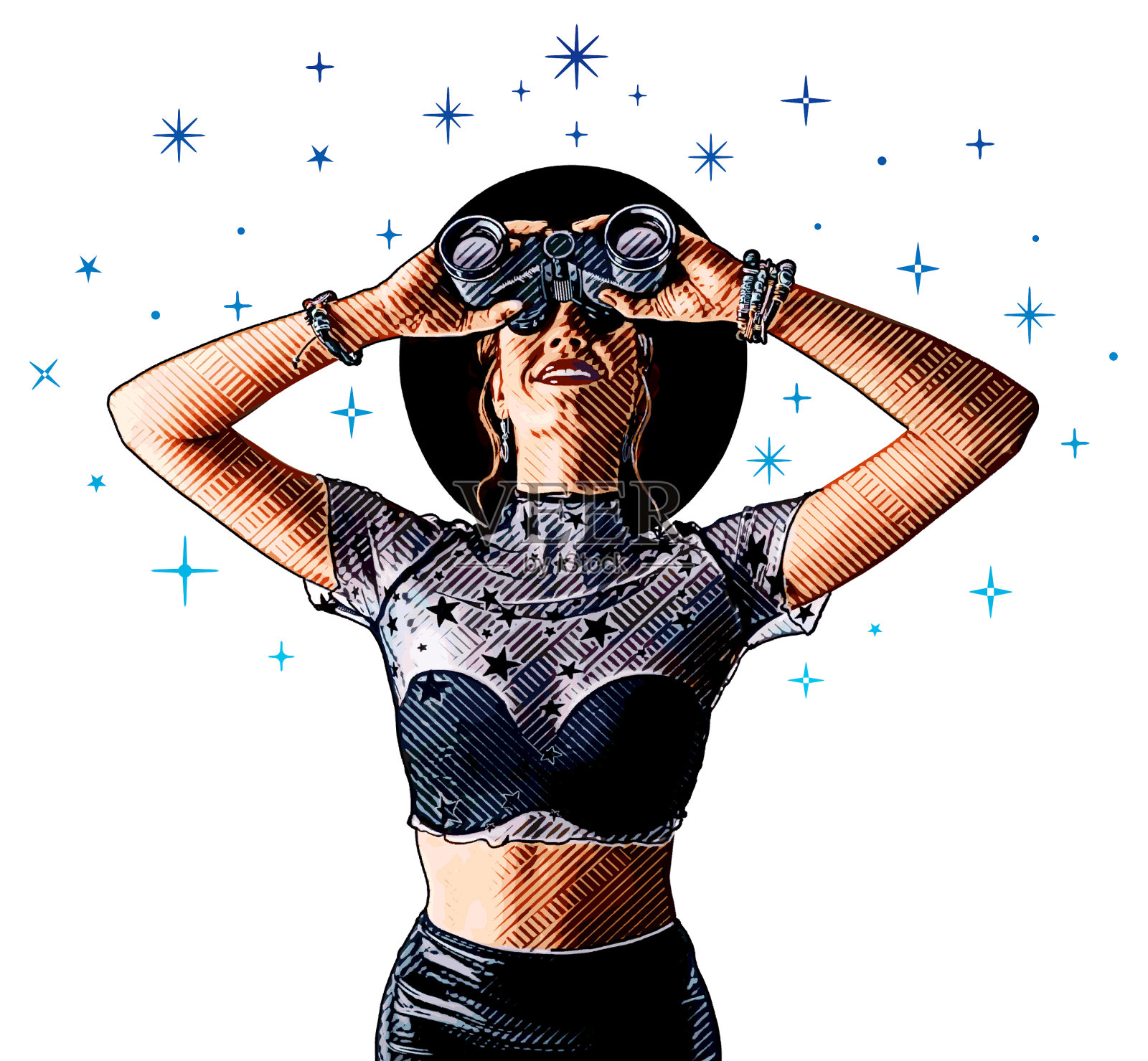 带着望远镜和星星的潮女插画图片素材