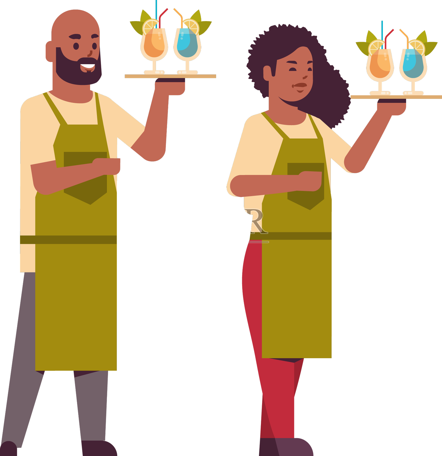 专业的服务员夫妇端着服务托盘设计元素图片