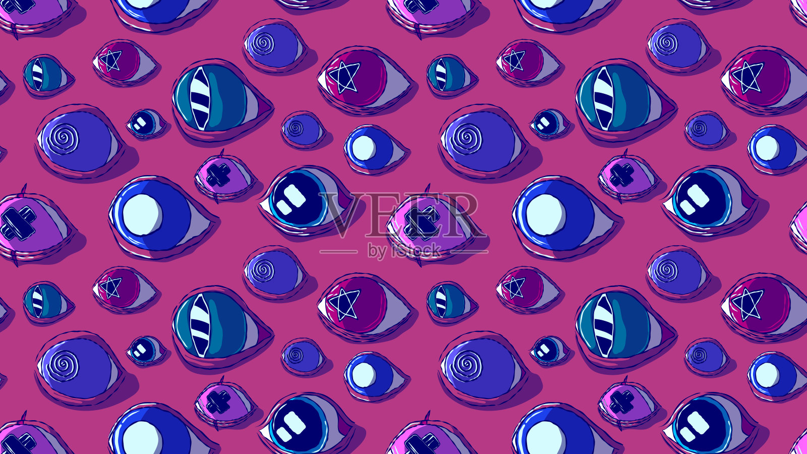 手绘矢量无缝模式-许多眼睛。插画图片素材