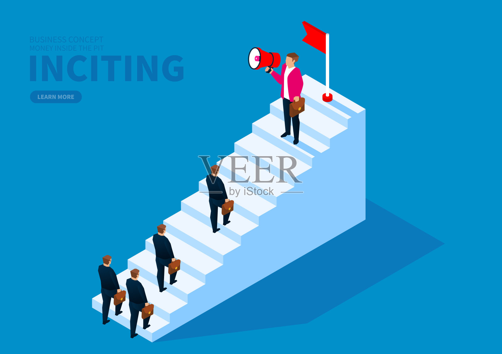 领导拿着扩音器站在楼梯顶上，大声叫同伴爬楼梯插画图片素材