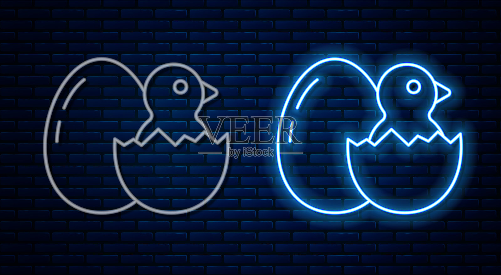 发光的霓虹灯线小鸡在龟裂的蛋图标插画图片素材