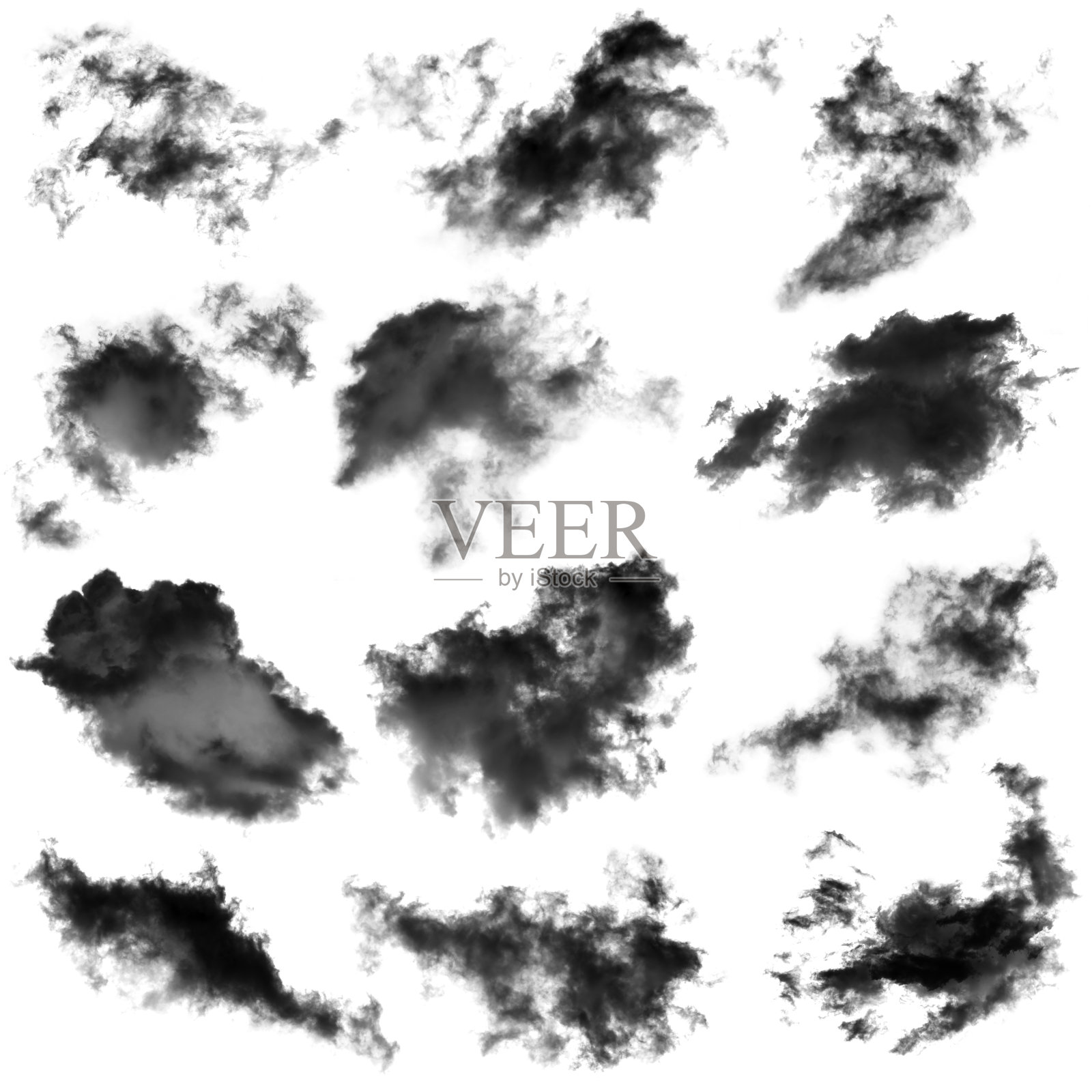 在白色的背景上收集孤立的黑云作为设计元素，有质感的烟雾，笔刷效果照片摄影图片