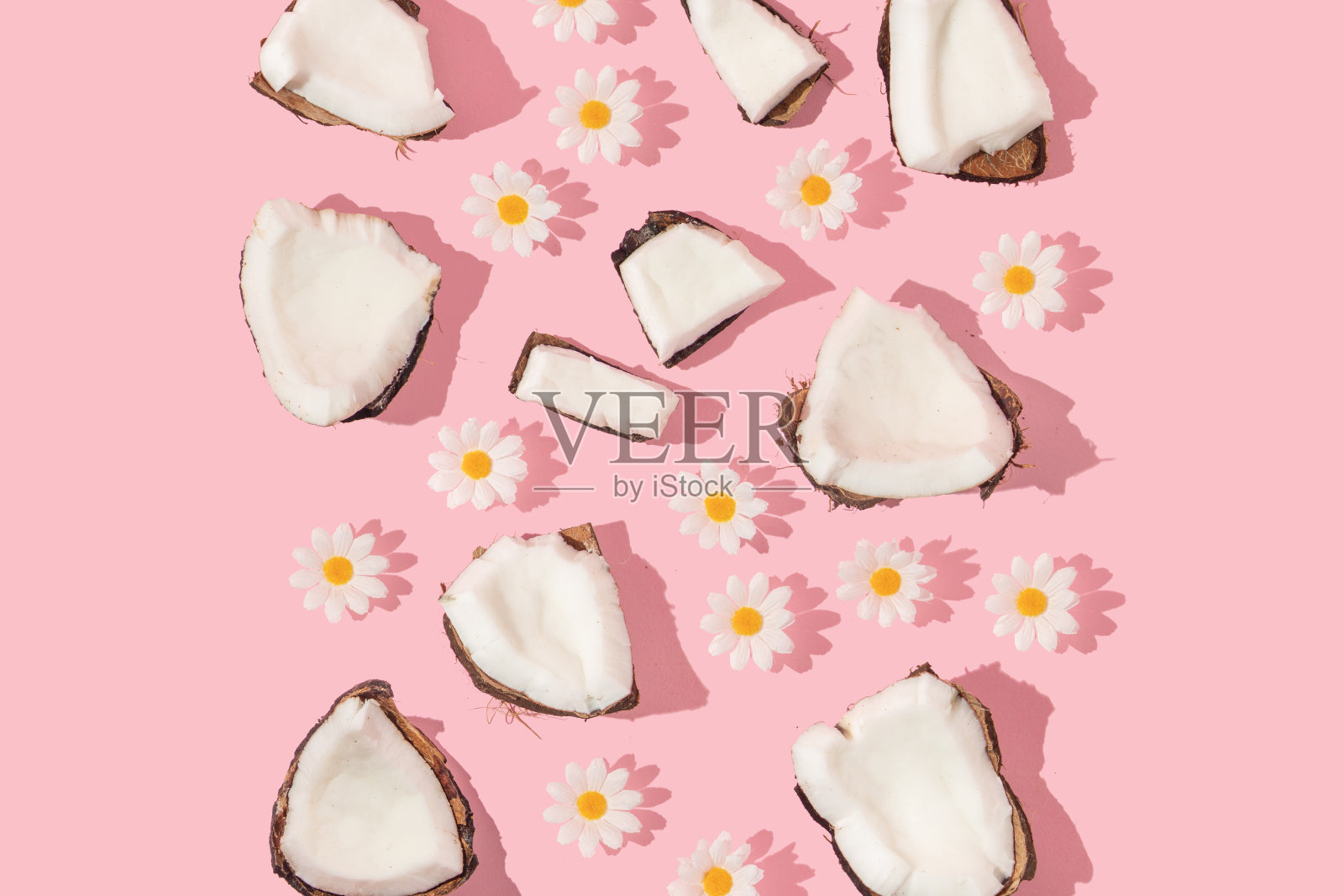 夏季创意图案与椰子片和白色花朵在粉彩背景。80年代或90年代复古美学时尚背景。热带水果夏天的想法。插画图片素材