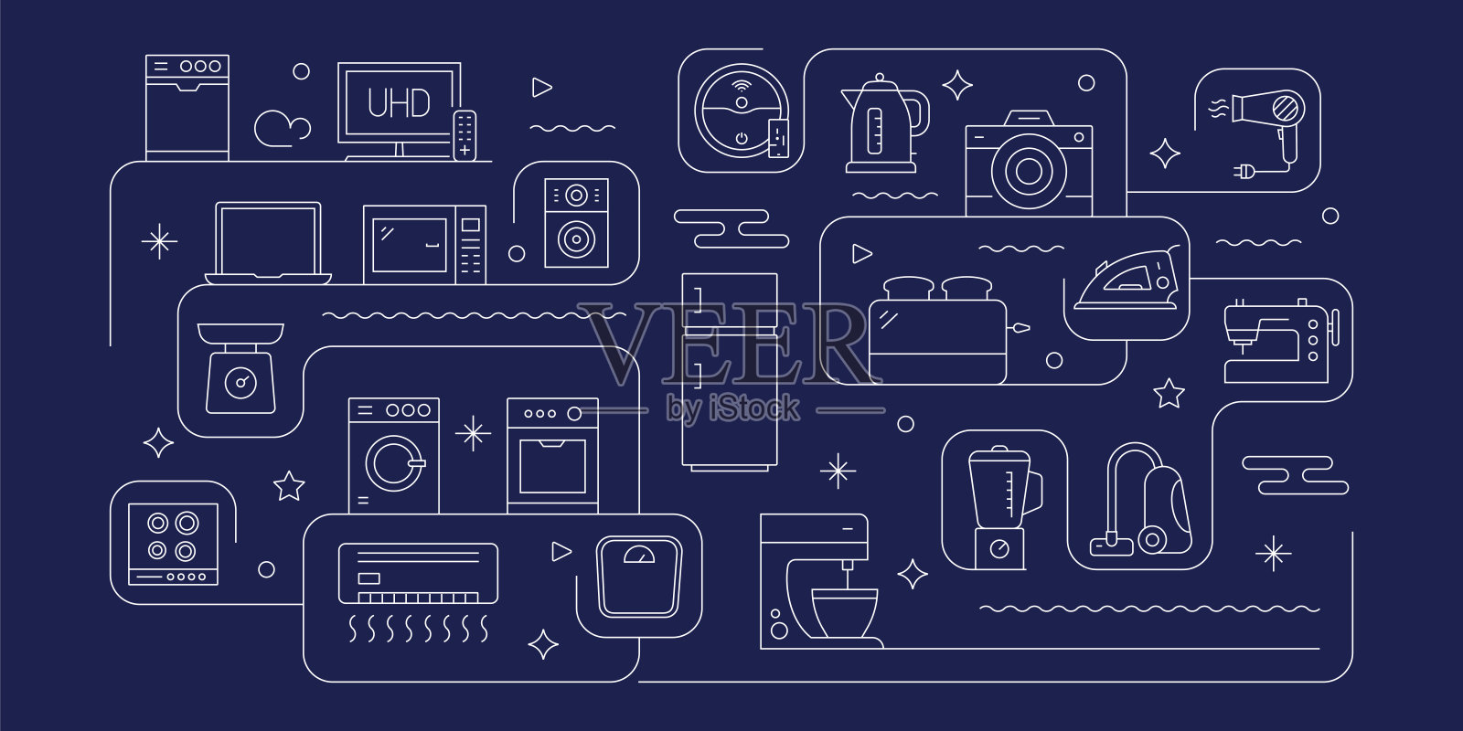家用电器相关矢量横幅设计概念，现代线条风格与图标插画图片素材