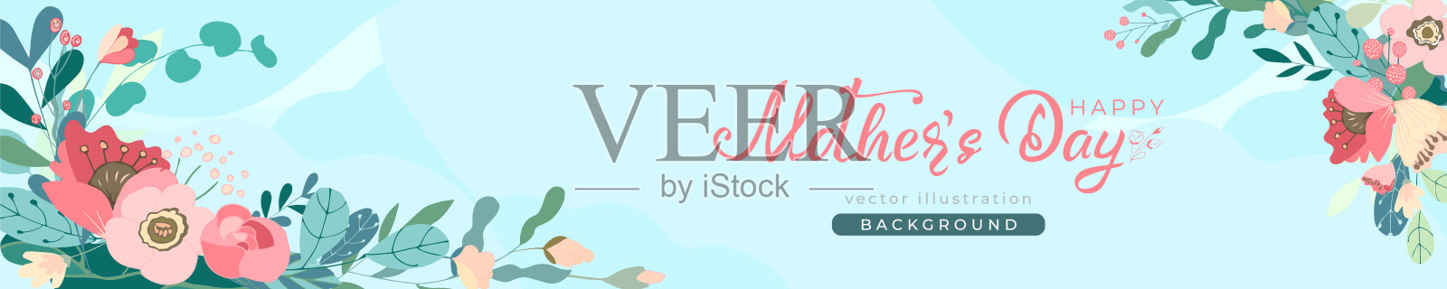 母亲节销售头或代金券模板。水平横幅与天空，手绘文字文字，花卉元素:花，树叶，浆果。促销卡与地方的文本。矢量插图。设计模板素材