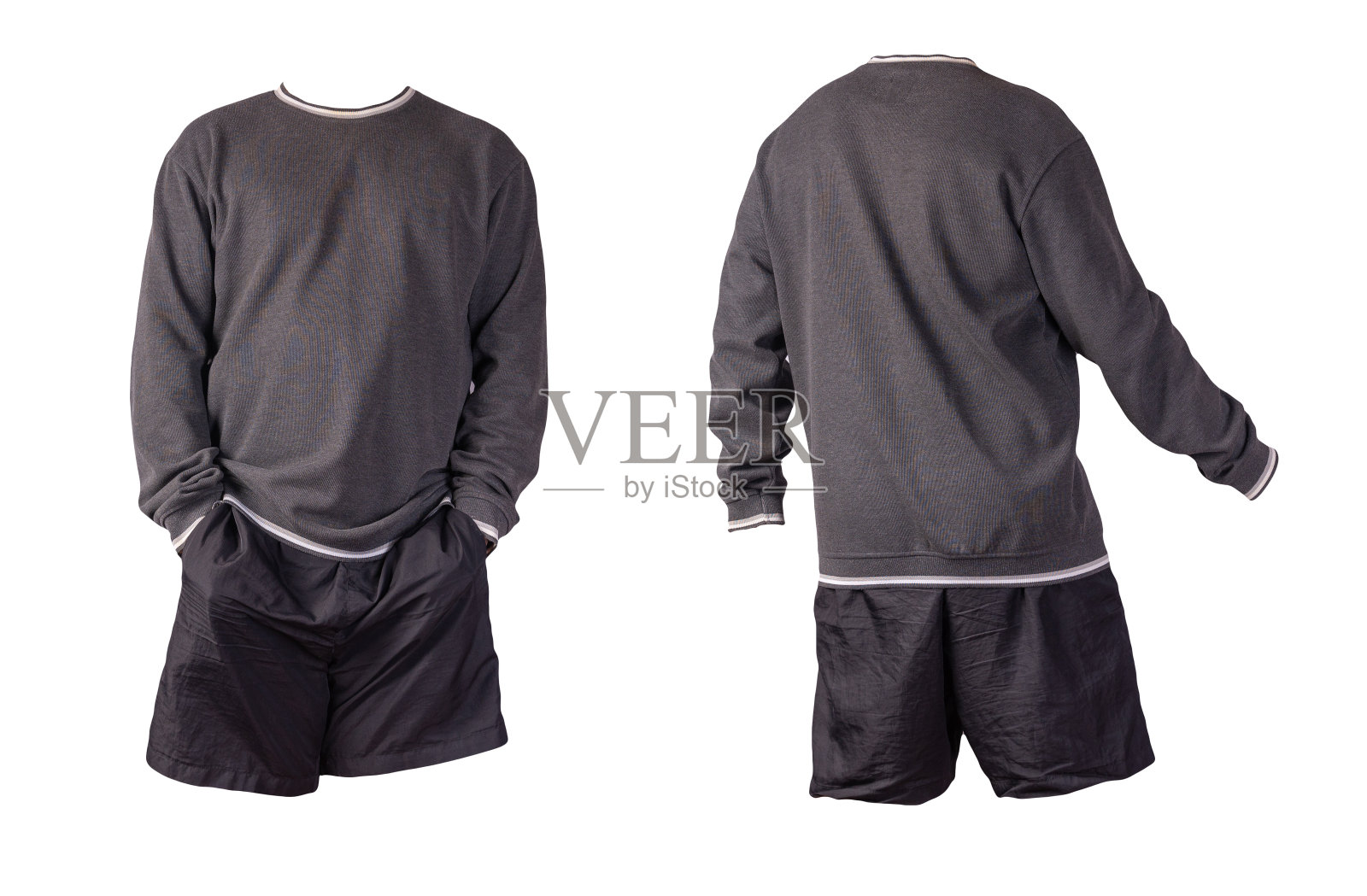 带兜帽的铁拉链运动衫和白色背景的运动短裤。休闲运动服装照片摄影图片