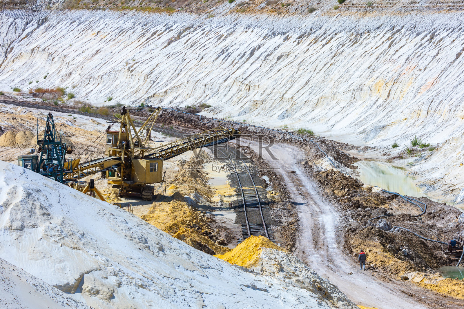 采石场开采陶瓷粘土(高岭土)和石英砂的露天矿山。在开矿现场入口铁路轨道附近的强力工业带式输送机装载机。照片摄影图片