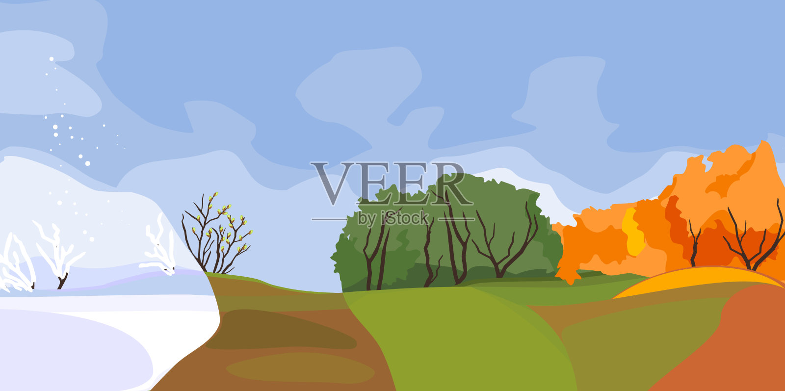 森林有四季:春、夏、秋、冬。具有季节变化概念的景观插画图片素材