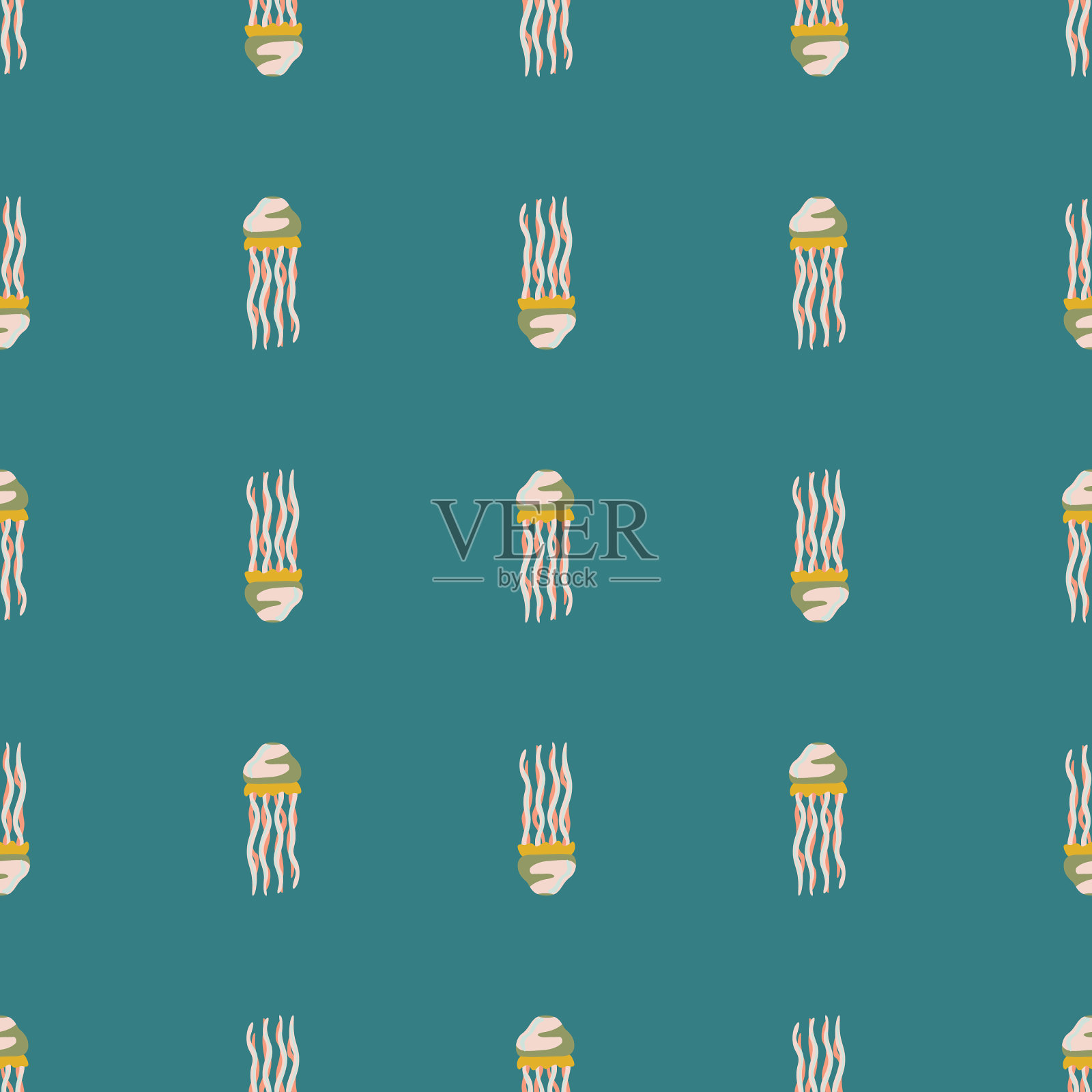 无缝模式水母在蓝绿色的背景插画图片素材