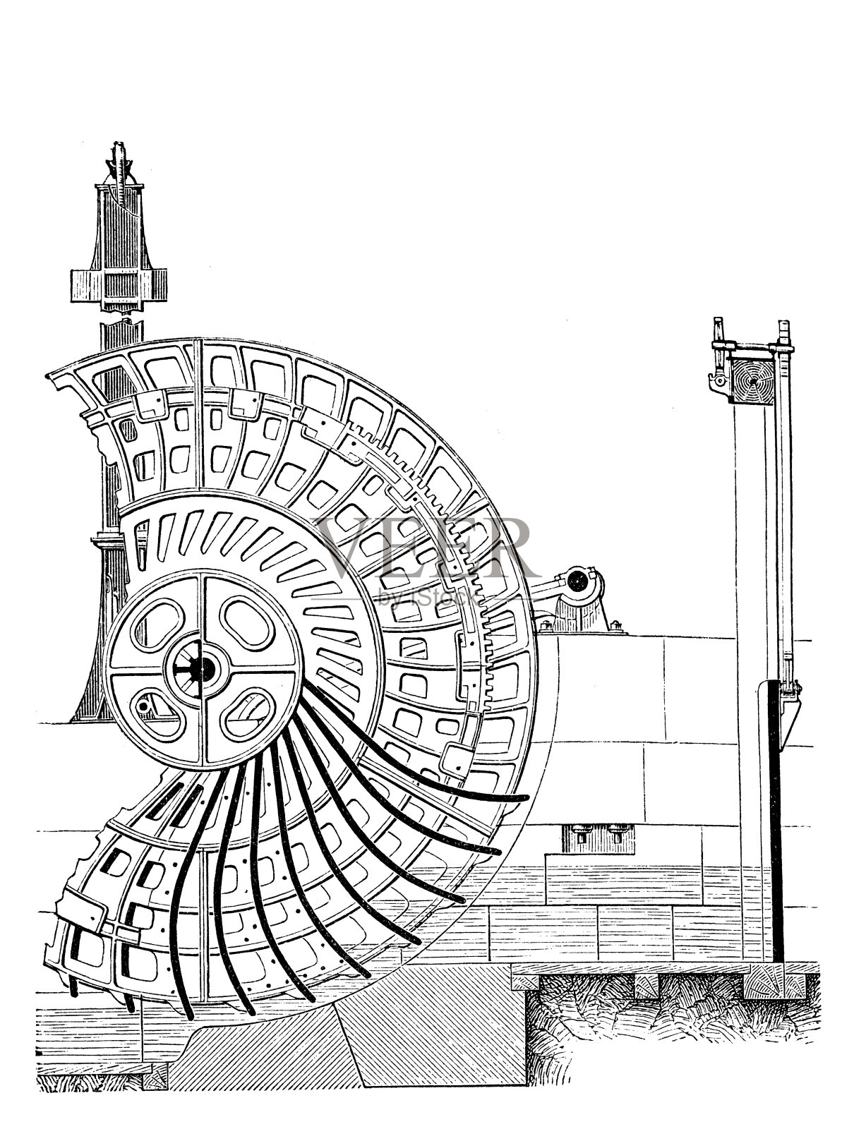 祖平格轮采用叶片形状设计，以减少外流功率损失，减少下游水面上隆起的水的部分插画图片素材