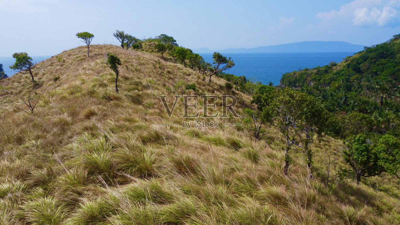 位于海滨的热带海岛山丘。照片摄影图片