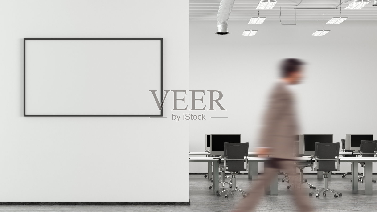 现代办公室室内墙壁上的空白水平海报模型。照片摄影图片