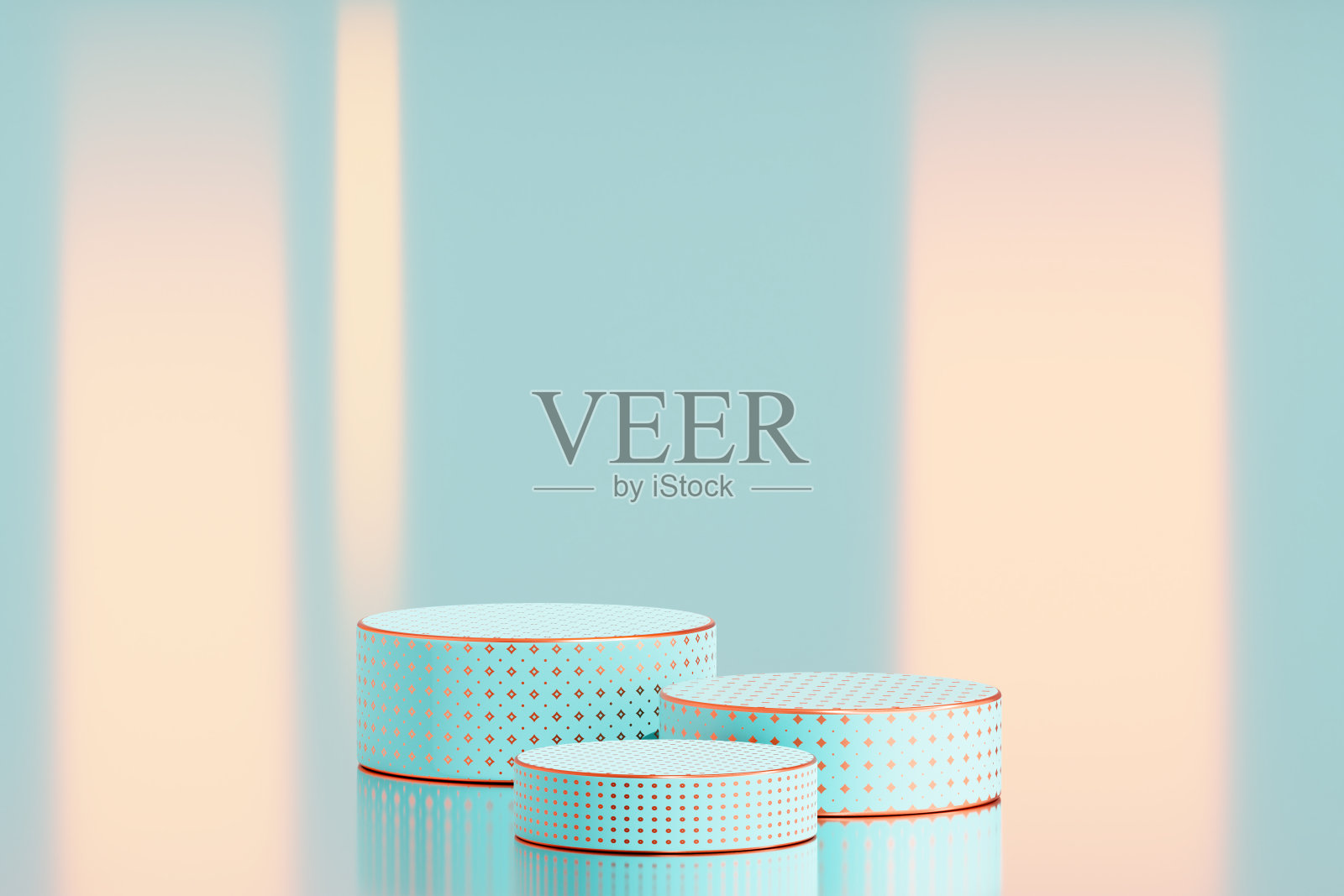 三个金色图案的圆形领奖台。光点和镜面反射。产品演示的背景。照片摄影图片