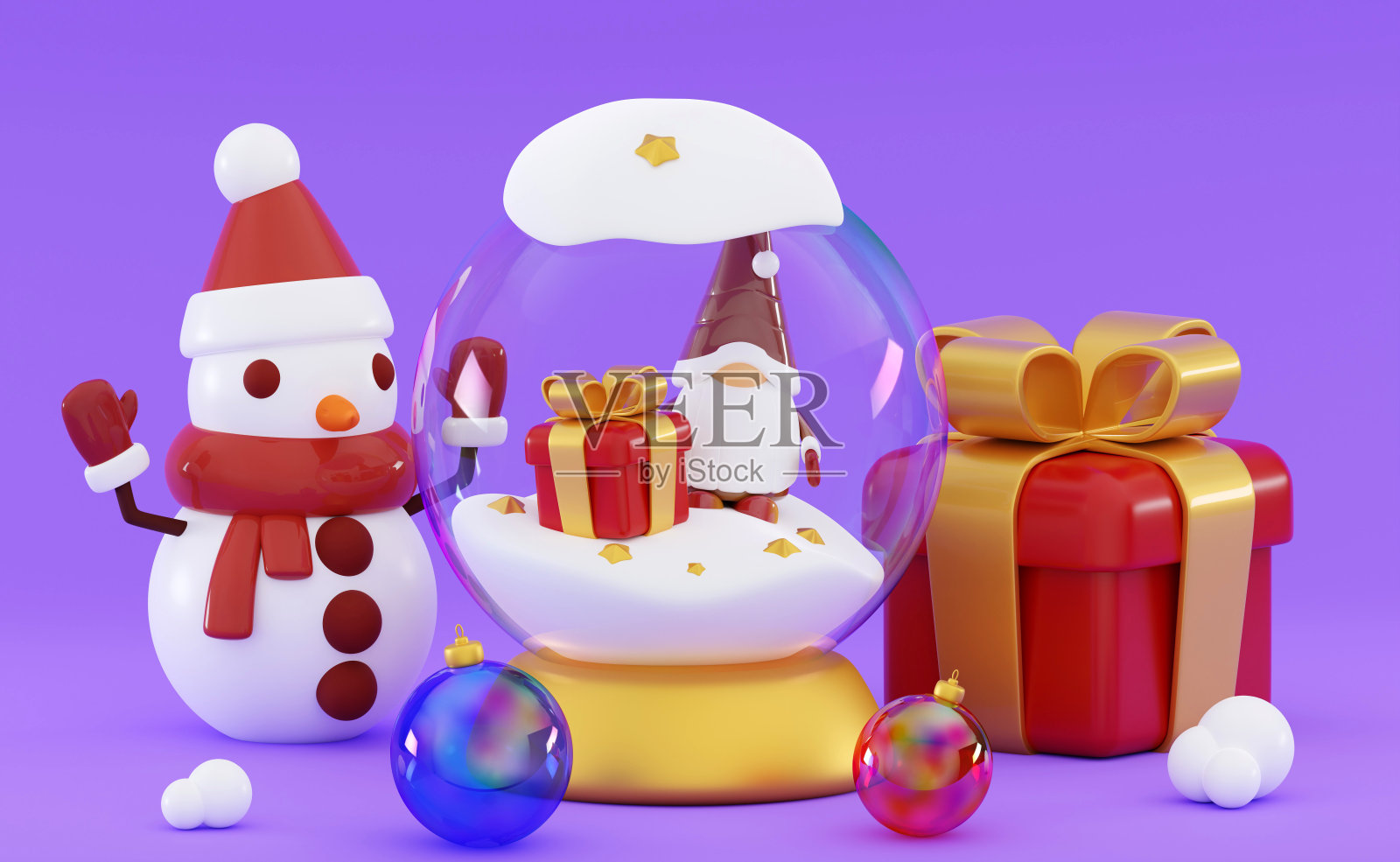 3d玻璃雪花雪花玻璃球和圣诞雪人和礼盒照片摄影图片