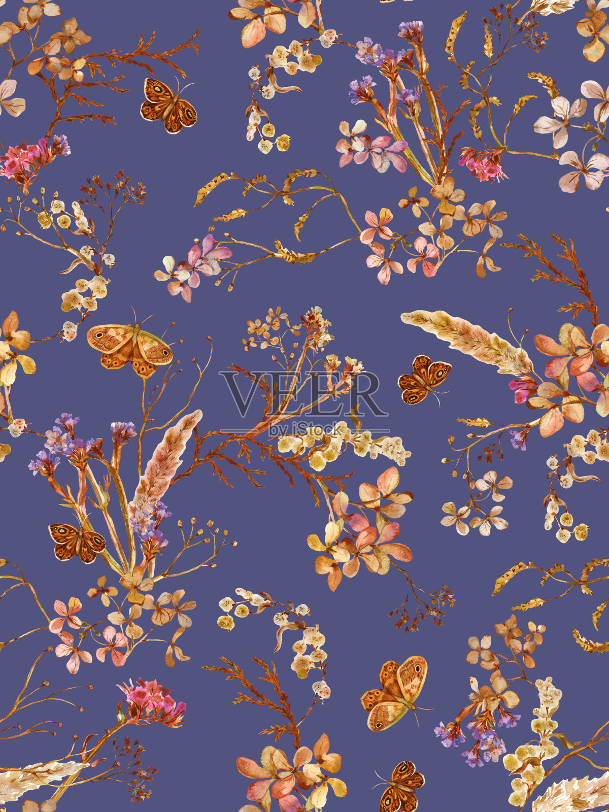 花卉无缝图案与干花和蝴蝶手绘水彩。水彩印花壁纸，织物与野花和草药插画图片素材
