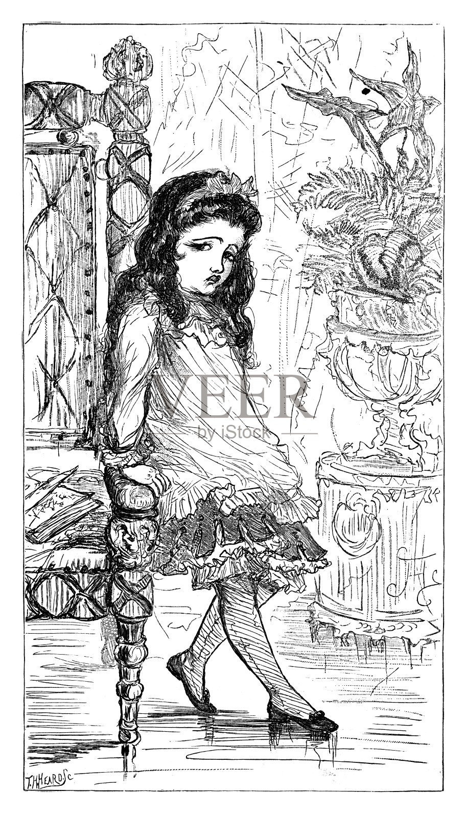 悲伤的小女孩插画图片素材