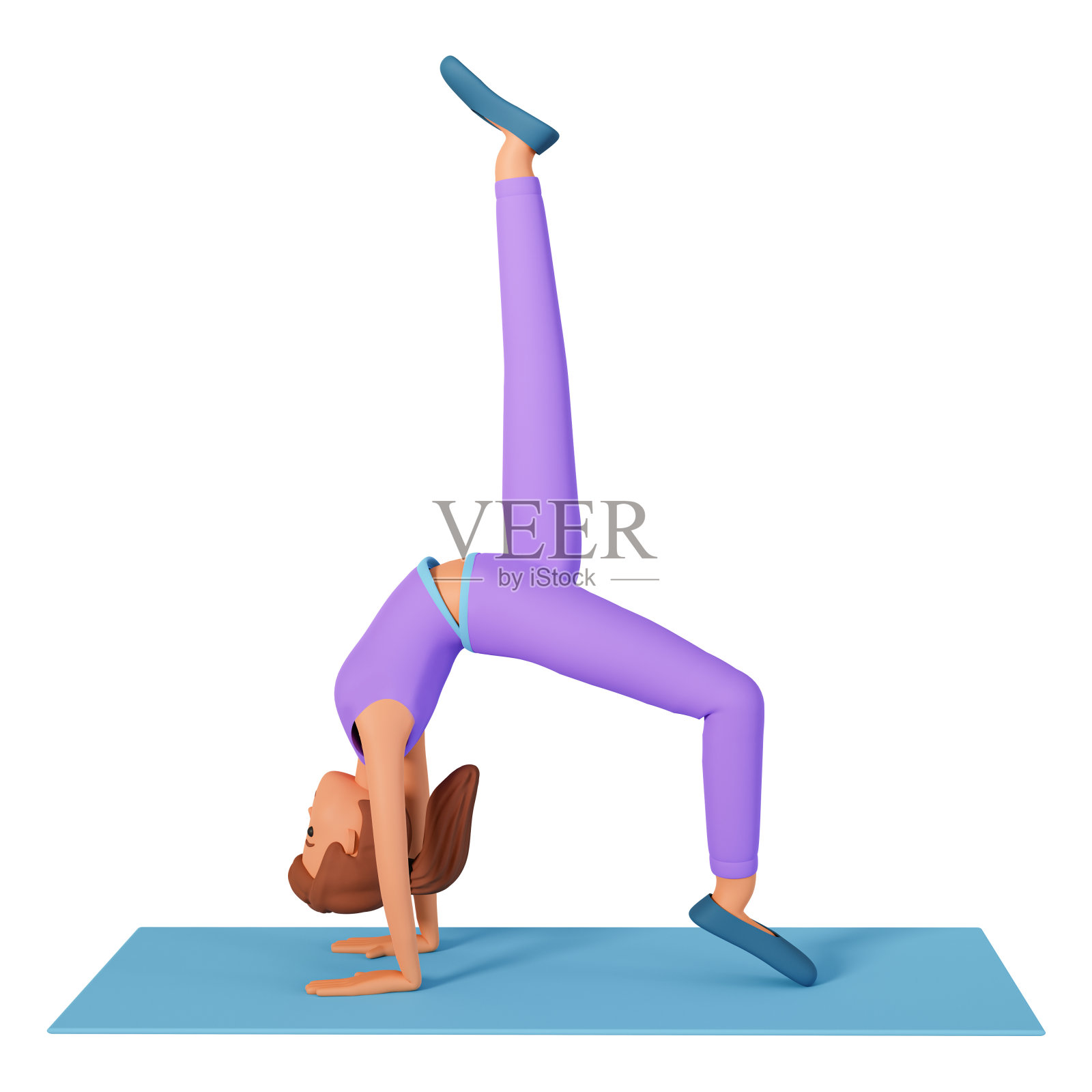 年轻女子站在她的手做瑜伽练习垫3d插图。一个成年女孩做伸展运动瑜伽站在她的手三维插图孤立的白色背景照片摄影图片