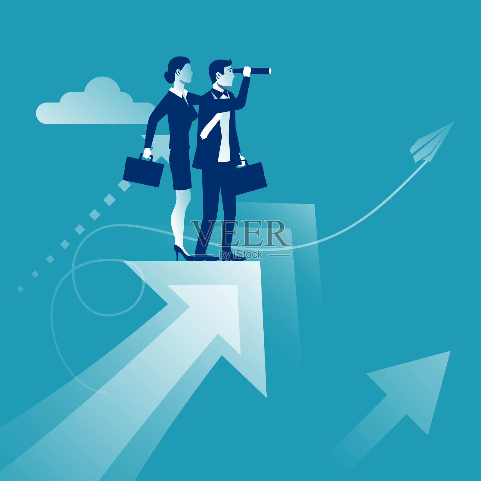 商人和女商人一起展望未来。平面向量。插画图片素材