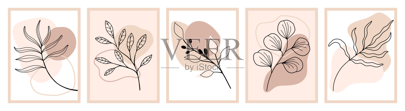 植物矢量墙集。波西米亚风格的叶状线条画，具有抽象的形状。抽象植物艺术设计印刷，封面，壁纸，极简主义和自然的墙壁艺术插画图片素材