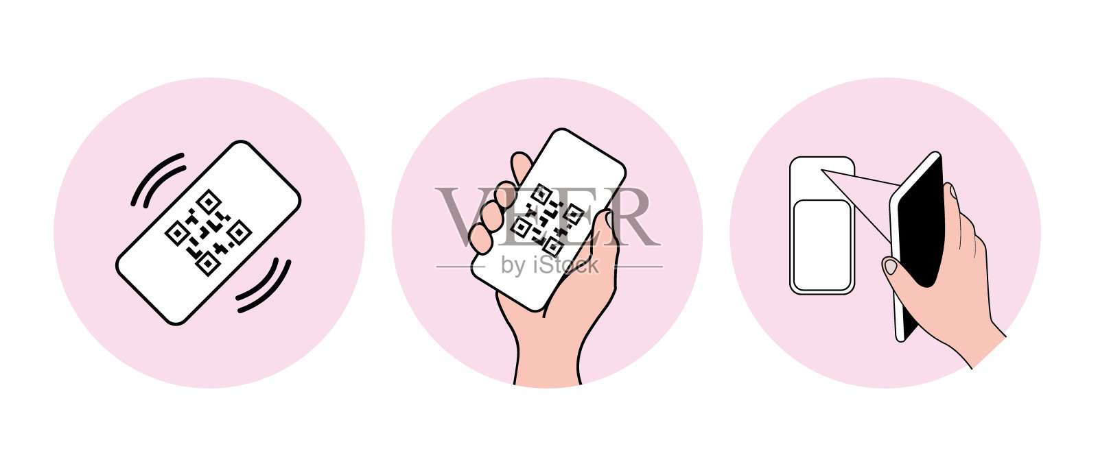 移动凭证概念。移动和门禁应用，向读者呈现和显示二维码。智能手机上的二维码扫描。黑线图标。向量。插画图片素材