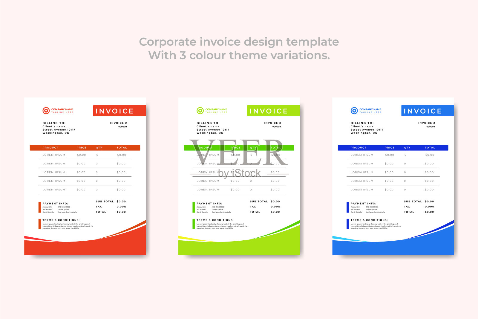 公司发票设计模板与3个颜色主题变化。插画图片素材
