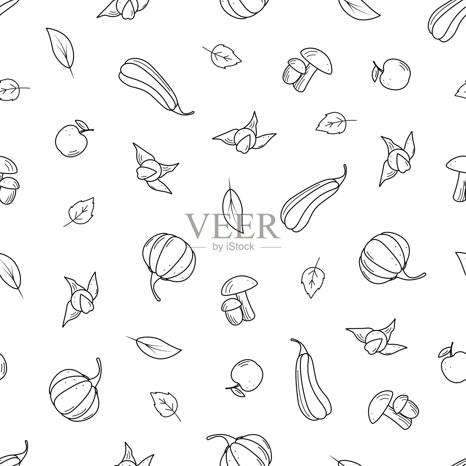 无缝图案涂鸦秋季概念。背景壁纸秋天蔬菜丰收。南瓜，南瓜，physalis，蘑菇，苹果和叶子的矢量插图。插画图片素材