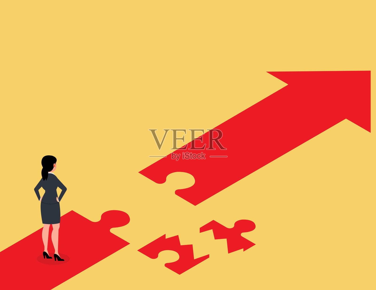 商业解决方案和职业道路被毁。女商人站在箭谜上插画图片素材