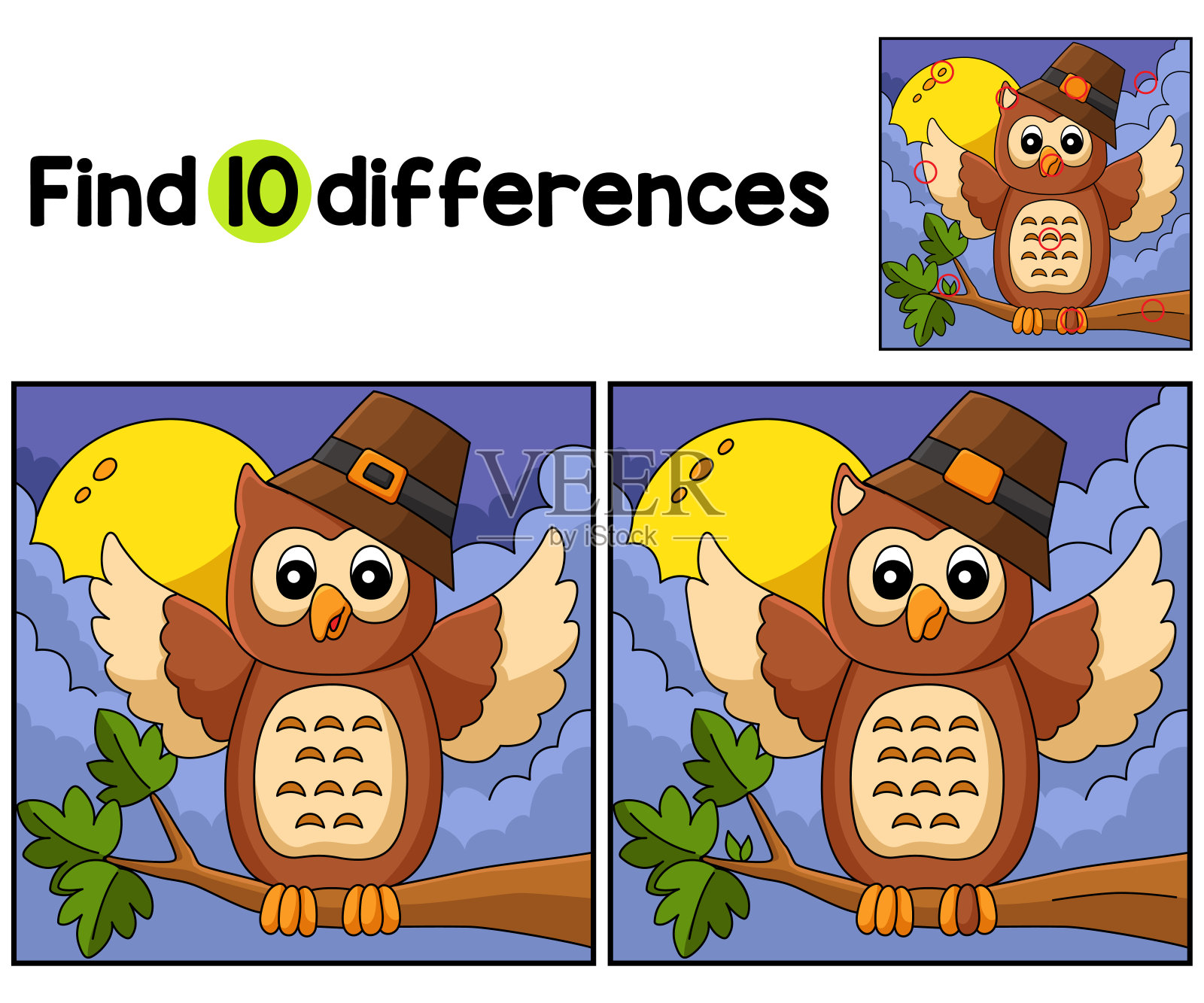 感恩节猫头鹰朝圣者帽发现差异插画图片素材