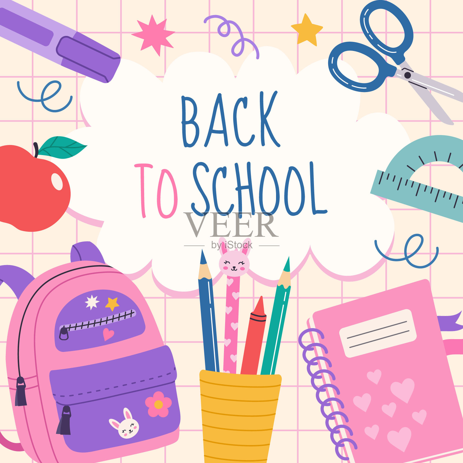 返校横幅模板。平面卡通手绘插画。矢量现代设计与学校用品:背包，笔记本，尺子，铅笔。完美的社交媒体，网络广告，印刷，传单，卡片。设计模板素材