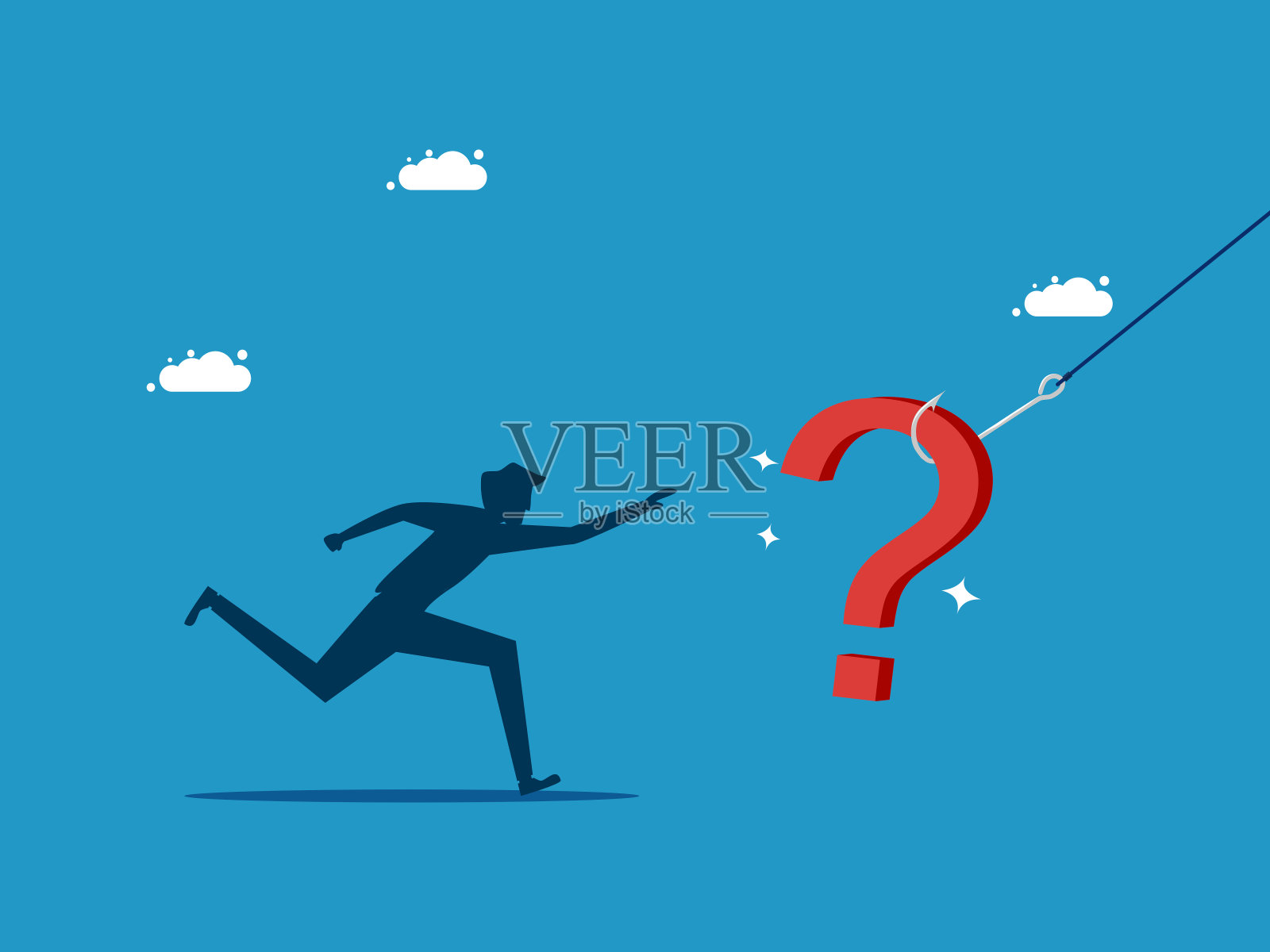 问题和欺骗。一个人在追钩子上的问号插画图片素材