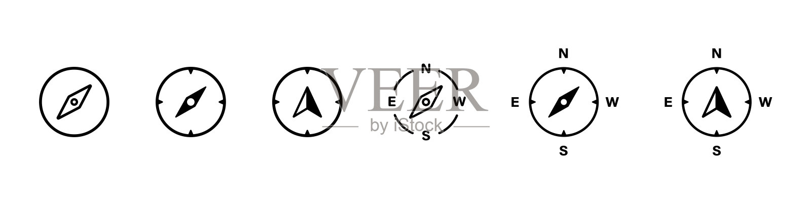 罗盘图标。方向，野玫瑰罗盘图标收集。导航，指南针图标。插画图片素材