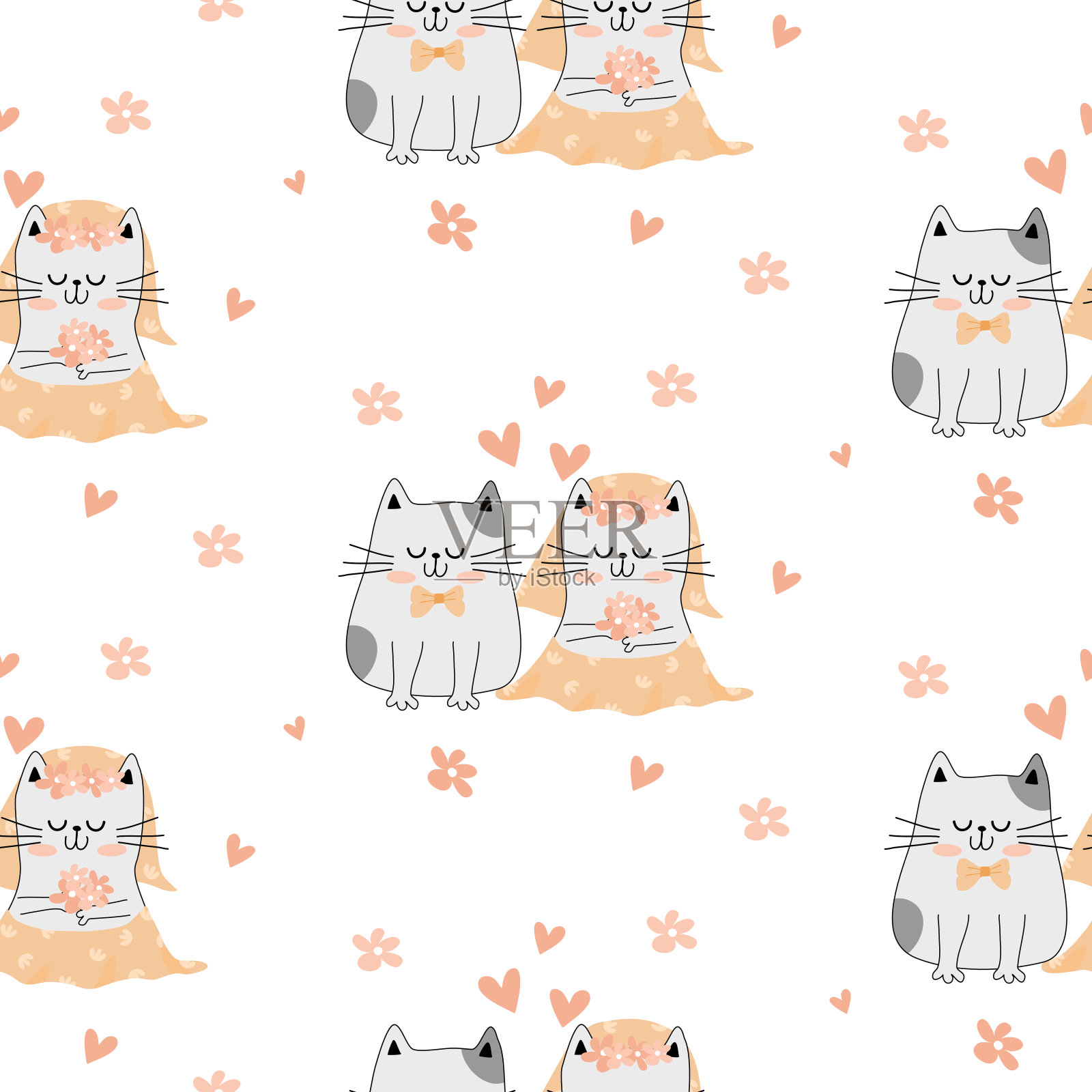 猫婚礼图案背景无缝卡通手绘。可爱的猫婚礼印刷模板矢量插图插画图片素材