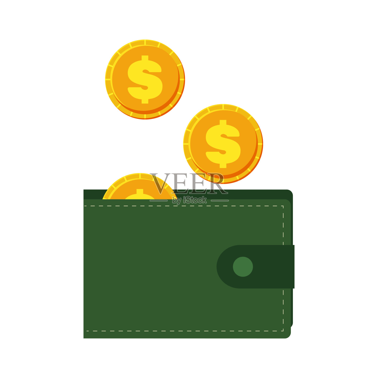 绿色钱包与硬币孤立在白色背景。接收和发送业务付款。向量。插画图片素材
