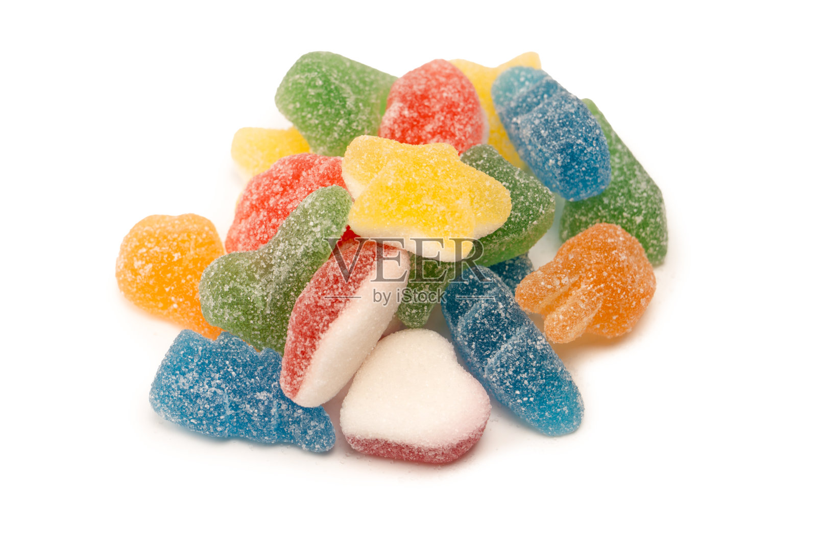 各式各样的软糖被隔离在白色的背景上。前视图。照片摄影图片