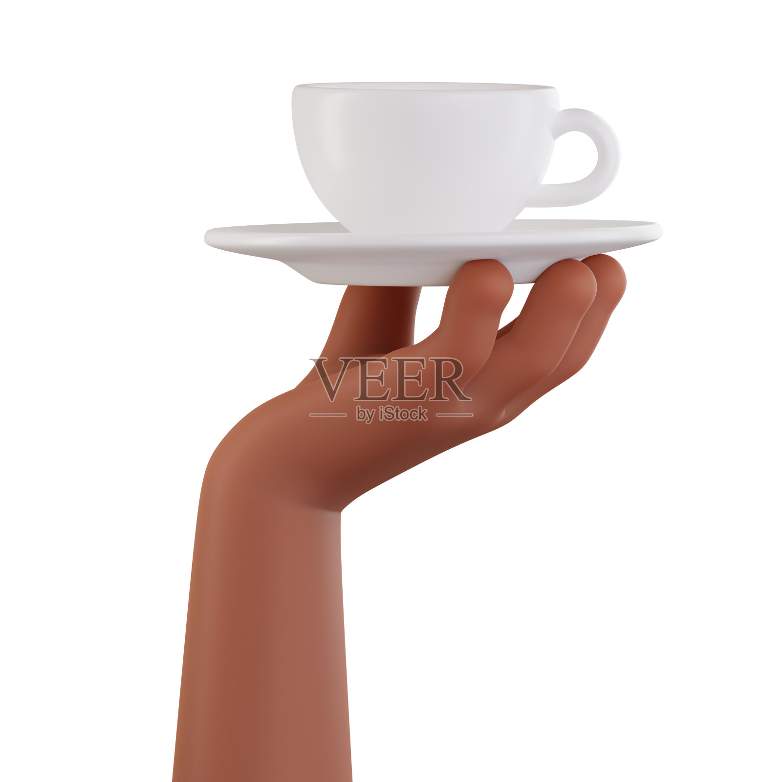 非洲裔美国人的手拿着一个白色的咖啡杯，杯子放在一个白色背景的碟子上。一杯茶。咖啡休息的概念。午餐时间。3D渲染图照片摄影图片