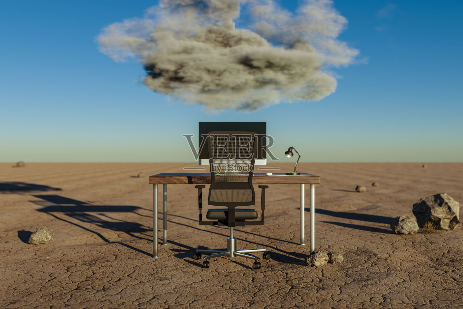 在沙漠环境中，一个人坐在电脑办公室的工作场所，头上有大量的文件活页夹和云层;工作压力倦怠概念;三维演示照片摄影图片